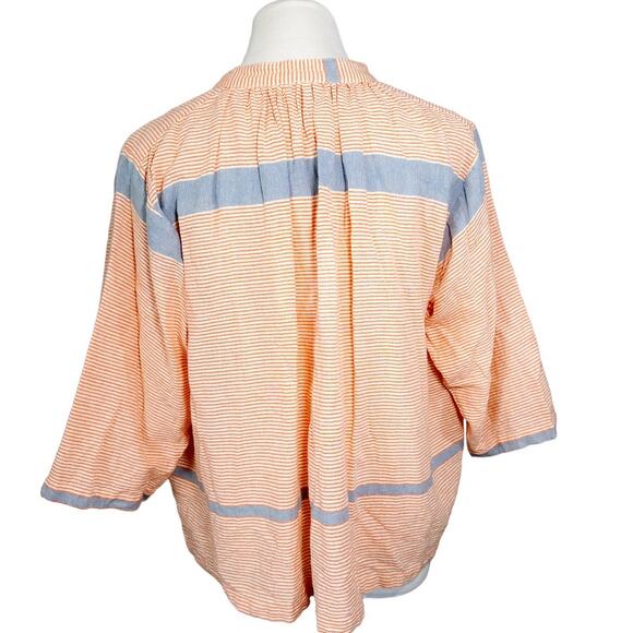 Apiece Apart Agata Shirred Boxy Flowy Blouse in Cote Stripe Orange Blue White 4 - Picture 4 of 13